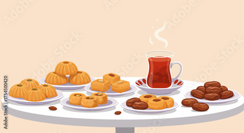 Enjoy traditional Middle Eastern sweets with a steaming cup of tea, perfect for Ramadan celebrations and sharing hospitality, a delightful culinary experience
