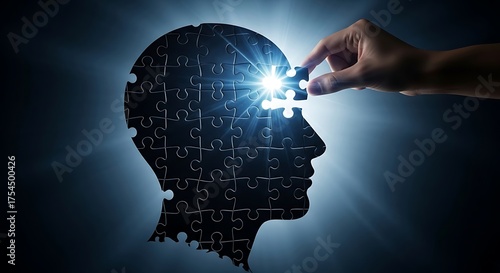 Illuminating the human mind and its intricate connections, symbolized by a puzzle piece fitting into a silhouette of a head