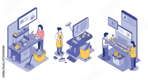 Isometric office cleaning and maintenance scenes with diverse characters