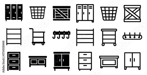 Storage and organization outline icons set – line, simple, space management symbols
