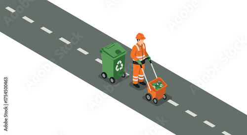 Isometric street cleaner in orange uniform with recycling bins on roadway