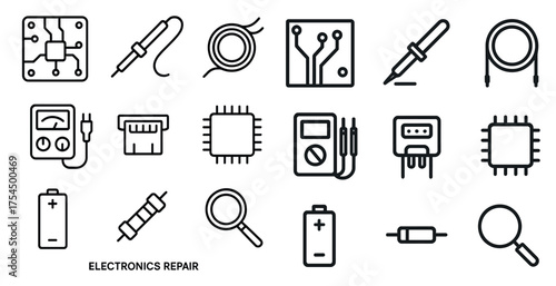 Electronics repair outline icons set – solid, filled, tech and gadget maintenance symbols