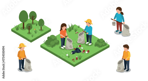 Community cleanup isometric design with volunteers collecting litter in park