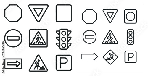 Traffic and road signs outline icons set – linear, silhouette, transportation symbols