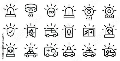 Emergency and safety outline icons set – flat, linear, first aid, and security symbols