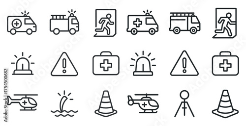 Emergency and safety line icons set – outline, solid, first aid and rescue symbols