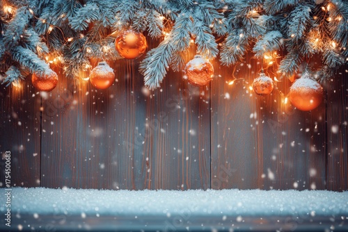 Snowy Christmas Background with Orange Baubles and Fir Branches