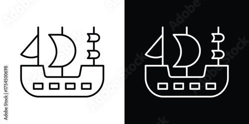Pirate ship icon in black line illustration. Design logo for app, UI.