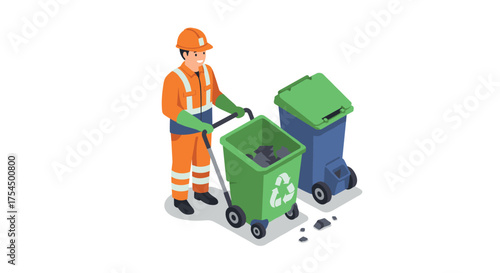 Isometric worker handling recycling and waste bins in safety gear