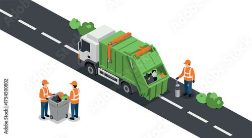 Isometric garbage truck and workers on road collecting waste in urban setting