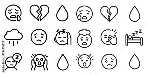 Sadness and emotion line icons set – outline, feelings, mental wellness graphics