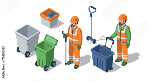 Sanitation workers in protective gear with cleaning equipment in isometric style