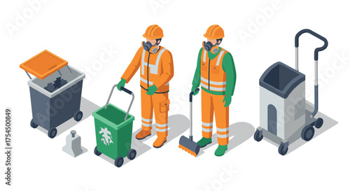 Sanitation workers in protective gear managing waste with equipment in isometric style
