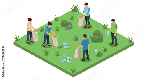 Isometric community cleanup scene with people collecting plastic waste