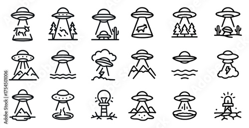Ufo and aliens outline icons set – solid, linear, extraterrestrial and space elements
