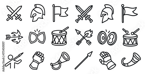 Medieval warfare outline icons set – swords, helmets, battle gear symbols