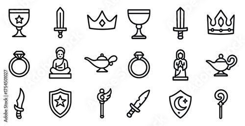 Fantasy and magic outline icons set – linear, mythical, enchanted symbols