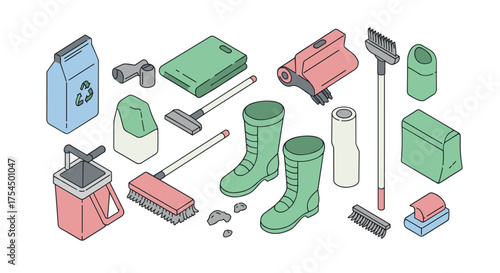 Colorful isometric cleaning tools collection on white background