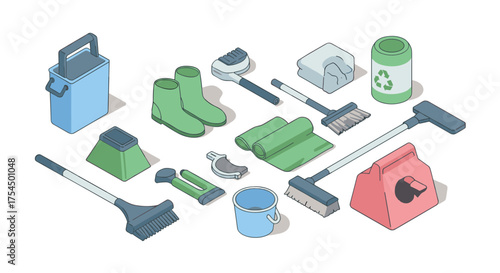 Isometric cleaning tools collection featuring mops, buckets, brooms, and ecofriendly products