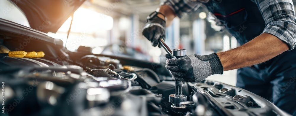 Fototapeta premium The Mechanic Repairing a Car Engine with Socket Wrench in Bright Workshop