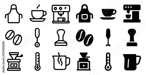 Coffee making outline icons set – brewing, caffeine, barista essentials