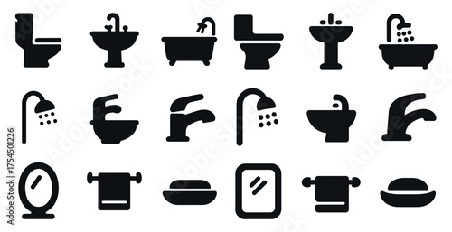 Bathroom essentials solid icons set – clean, filled, hygiene and plumbing symbols