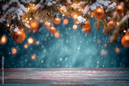 Snowy Christmas Background with Orange Baubles and Fir Branches