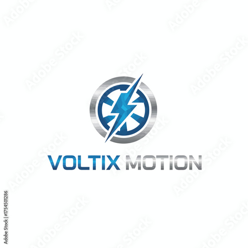 Lightning bolt and wheel logo in metallic blue-silver, futuristic transport energy.