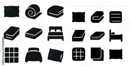 Bedding and linen solid icons set – filled, home essentials, sleep symbols