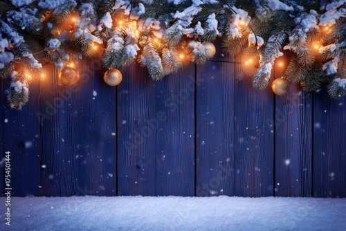 Snowy Christmas Background with Orange Baubles and Fir Branches