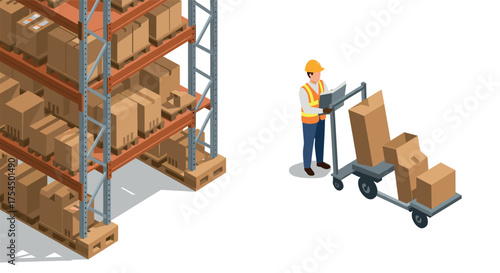 Isometric warehouse worker with cart and shelves of cardboard boxes