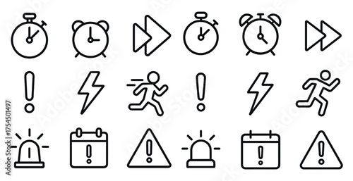 Time management linear icons set – outline, scheduling, productivity symbols