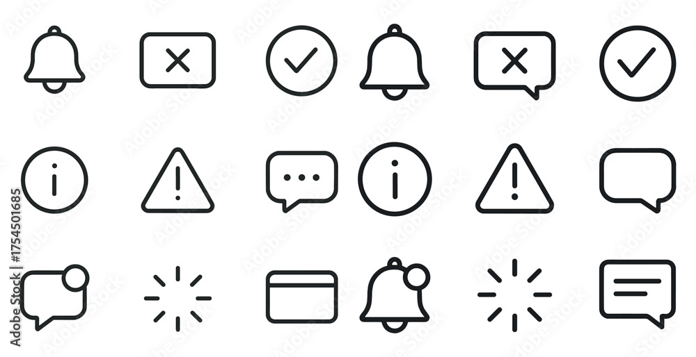 Fototapeta premium Essential ui linear icons set – outline, interface, alert and notification symbols