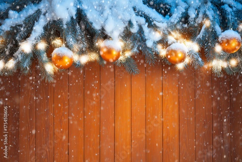 Snowy Christmas Background with Orange Baubles and Fir Branches