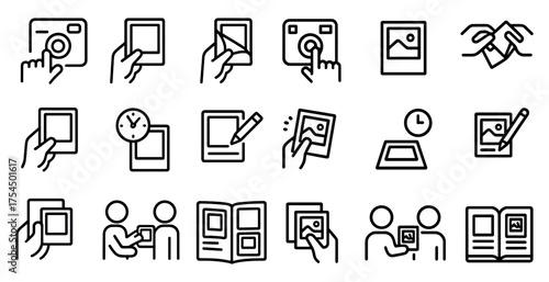 Digital photo line icons set – outline, linear, image editing and sharing symbols