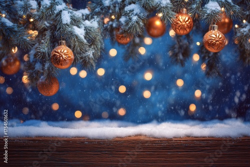 Snowy Christmas Background with Orange Baubles and Fir Branches