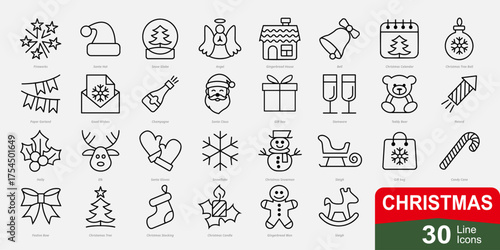 Christmas Line Icons Set – 30 Outline Vector Symbols, Minimal Holiday Collection