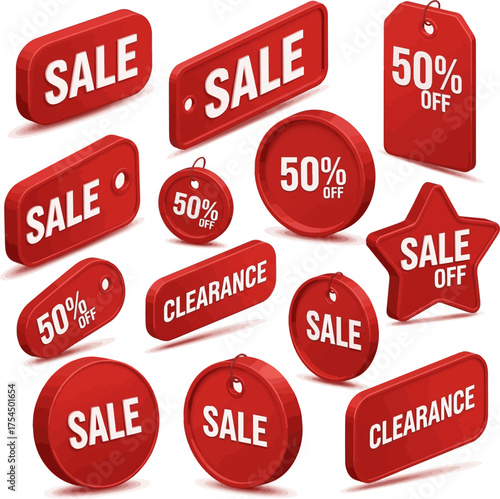 Create a kinds of deferent 3d rendering of red sale tag 3d label. vector art with white background..