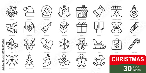 Christmas Line Icons Set – 30 Outline Vector Symbols, Minimal Holiday Collection