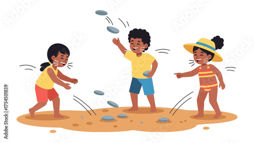 Playful Moments by the Sea: Three children are engaged in a joyous game on a sandy beach, laughing and throwing stones. The illustration encapsulates the pure joy of childhood.