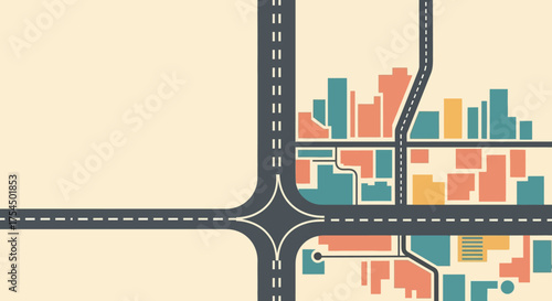 Stylized city plan with colorful buildings and road network.