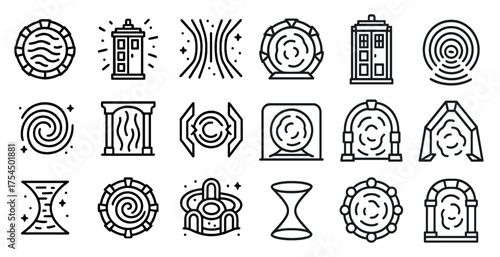 Time travel icons set – outline, linear, time portal and futuristic design symbols