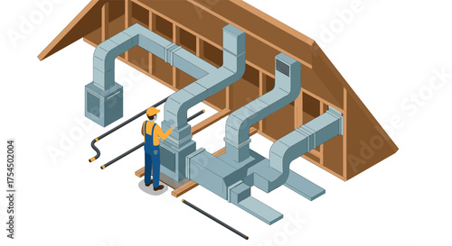 Isometric ductwork installation with worker in attic space