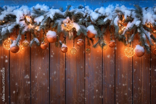 Snowy Christmas Background with Orange Baubles and Fir Branches