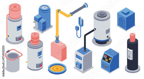 Isometric heating and cooling equipment collection for modern industrial systems