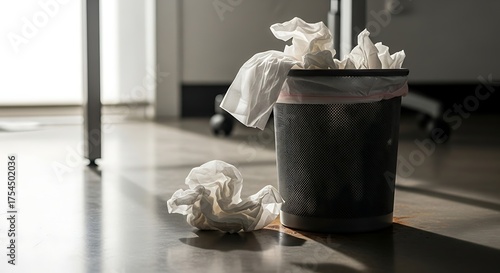 Close-up shot of a full waste bin with discarded tissues overflowing onto the floor.