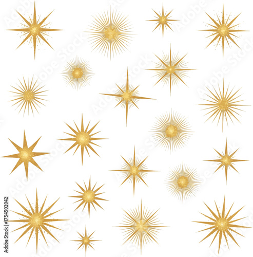 Create a kinds of deferent golden sparkling star vector art with white background..