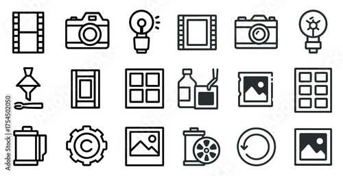 Photography and filmmaking outline icons set – linear, camera, video equipment symbols