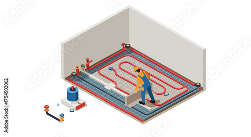 Isometric underfloor heating installation with technician in modern interior