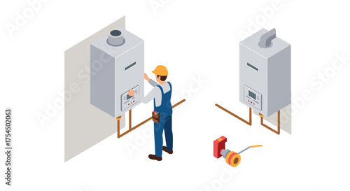 Isometric technician adjusting gas water heater in residential setup